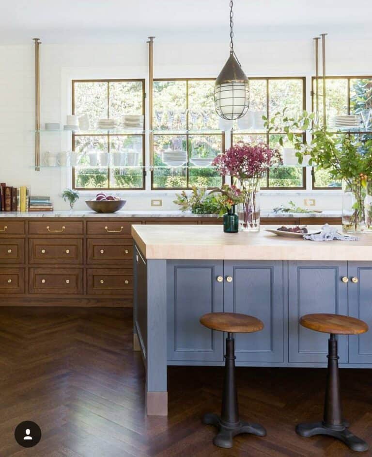 Stained Wood Herringbone Kitchen Floor