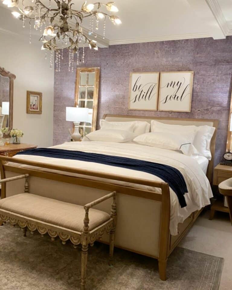 Farmhouse Mirror Behind Nightstand in Elegant Bedroom