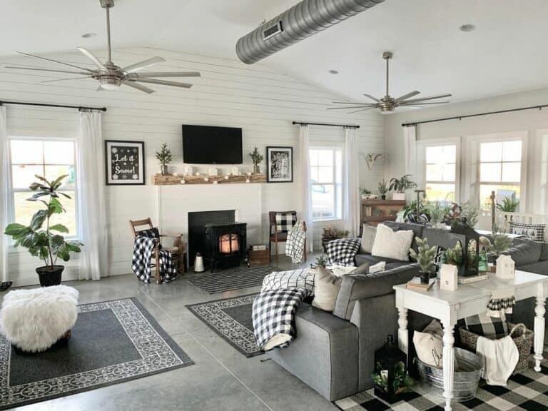 Monochrome Living Room With Grey Tile Flooring