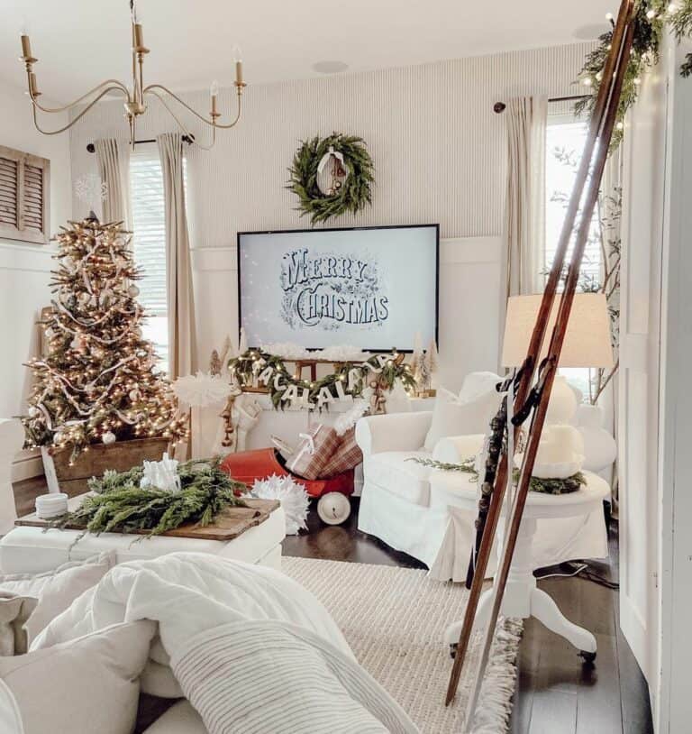 Living Room with White and Beige Striped Wallpaper