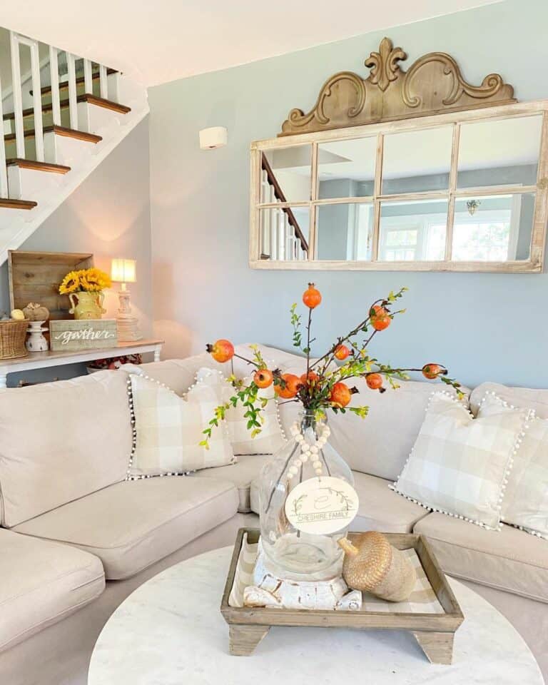 Blue and White Living Room With Pomegranate Stems