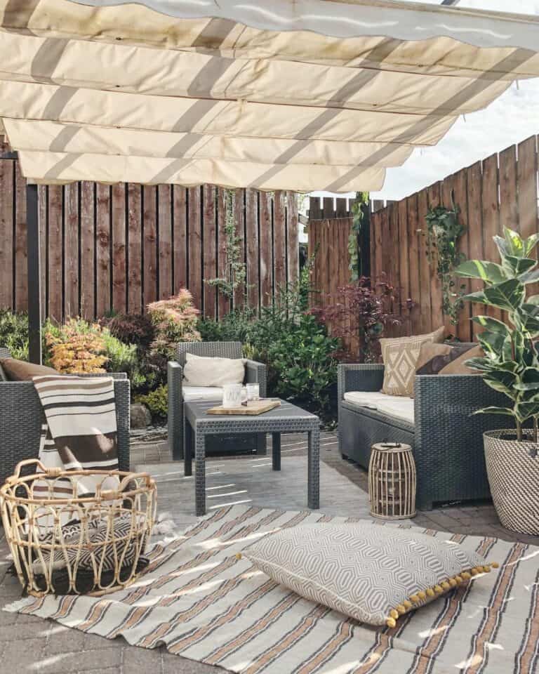 Backyard Patio With Gray Wicker Furniture