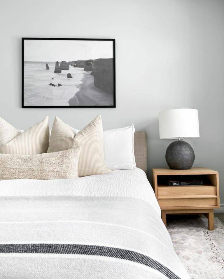 Monochrome Bedroom With Pinewood Night Stand