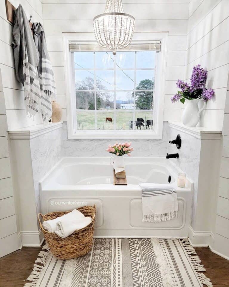 White Ledge on Light Gray Marble Tub Surround