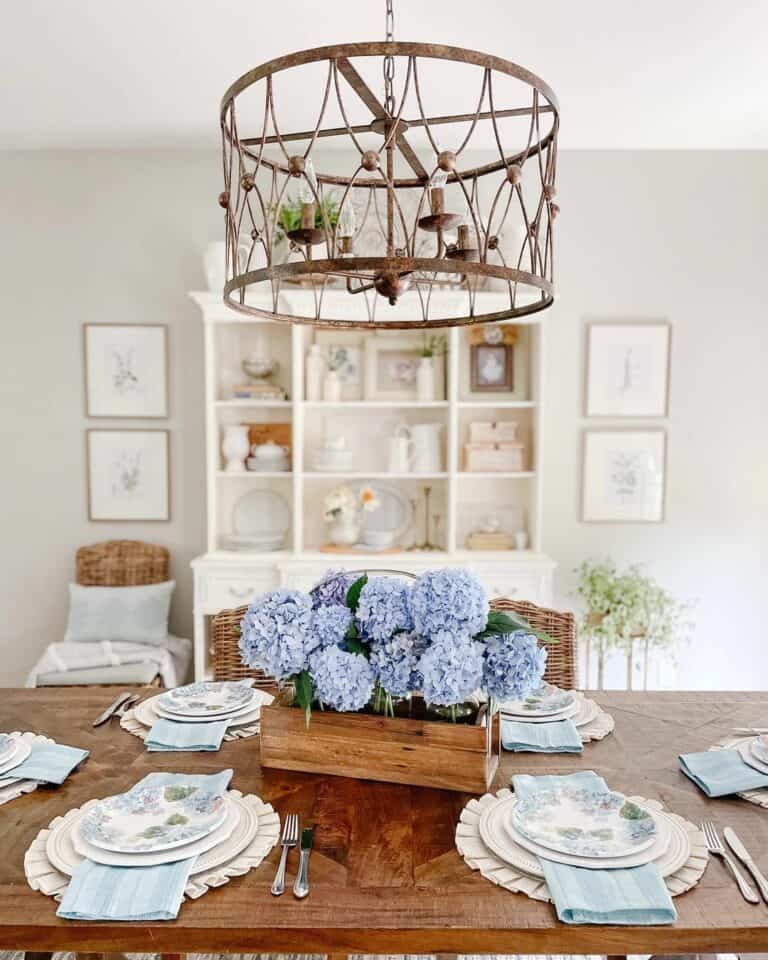 Blue Hydrangeas in Neutral Tablescape
