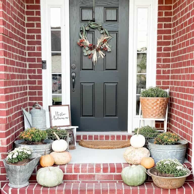 Deep Red Brick Steps With Fall Mums
