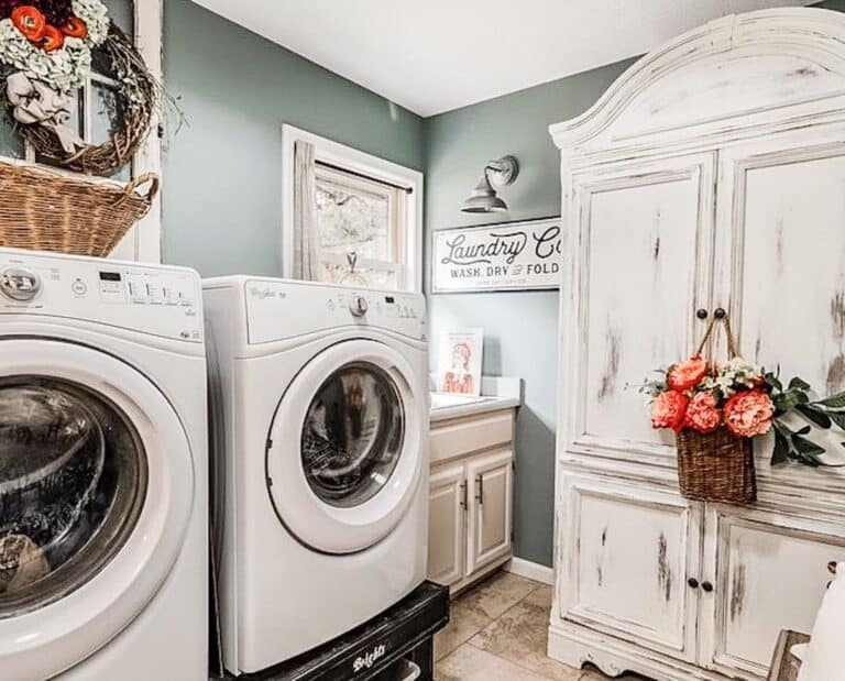 Rustic White Laundry Room Storage Unit