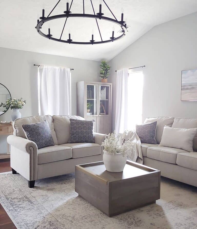 Grey Living Room with White Farmhouse Curtains
