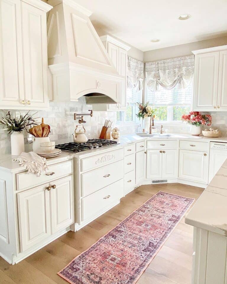 Red Kitchen Runner in a White Kitchen