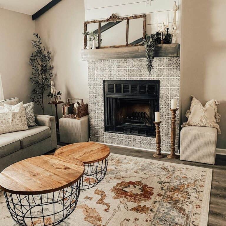 Agreeable Gray Wall with Tiled Fireplace