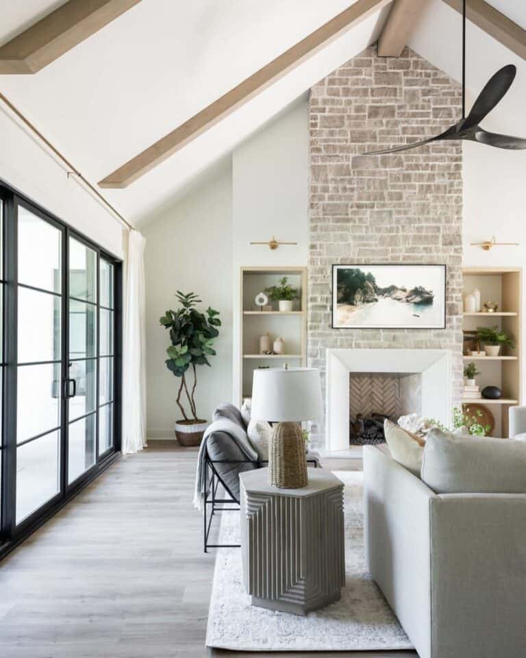 Exposed-Brick Neutral Wall with Built-In Shelves