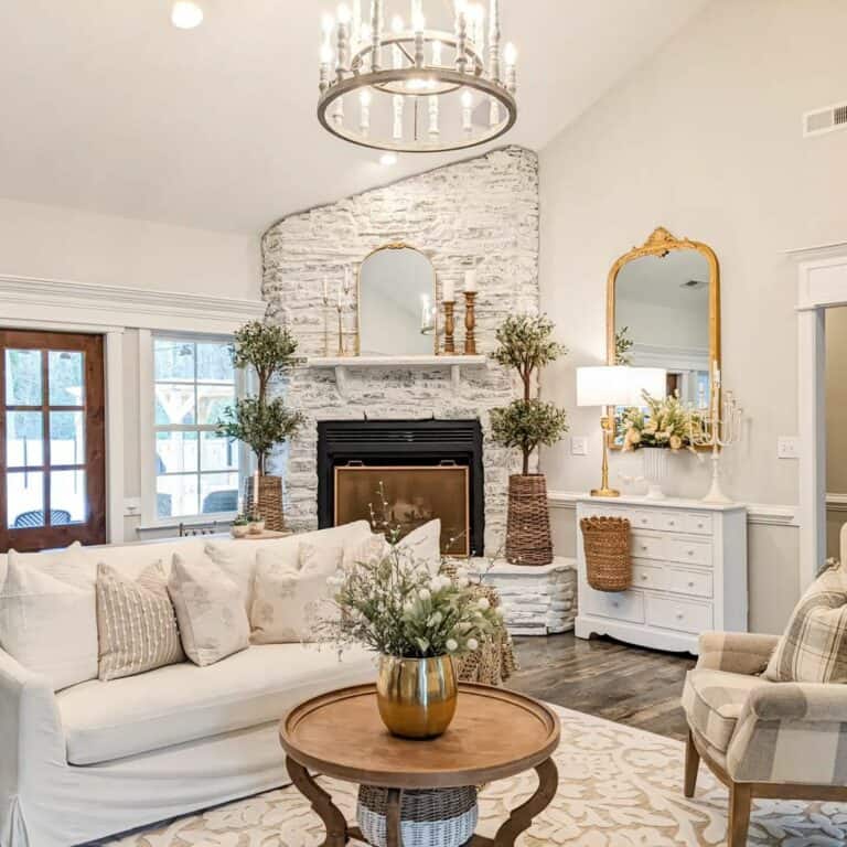 Living Room Fireplace with Faux Olive Trees