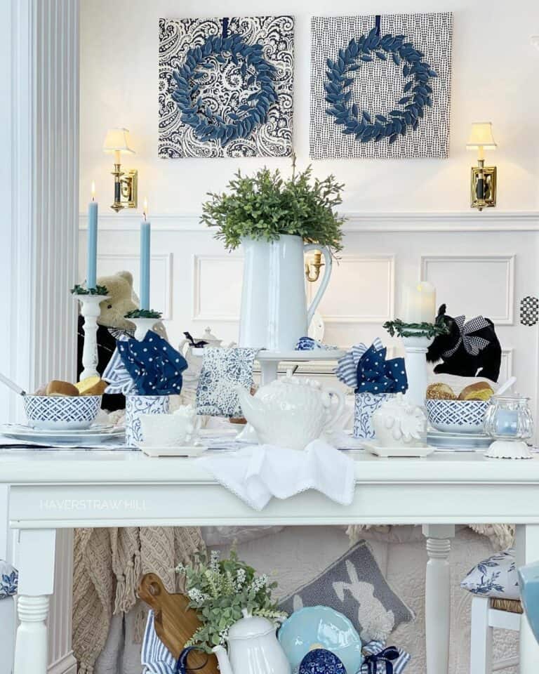 Circular Blue Artwork in Blue and White Kitchen