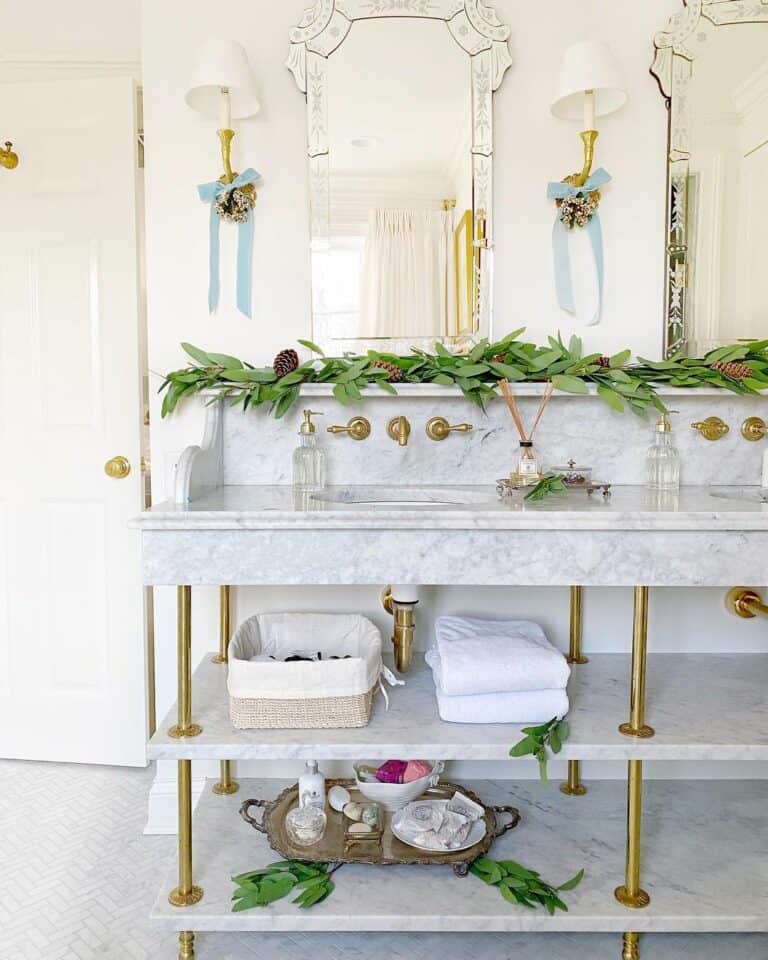 Gray Marble Bathroom Vanity with Greenery