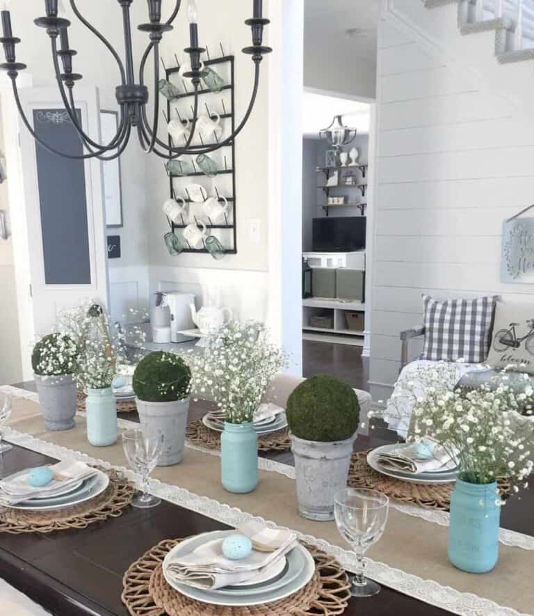 Blue Mason Jar and Burlap Runner Spring Centerpiece