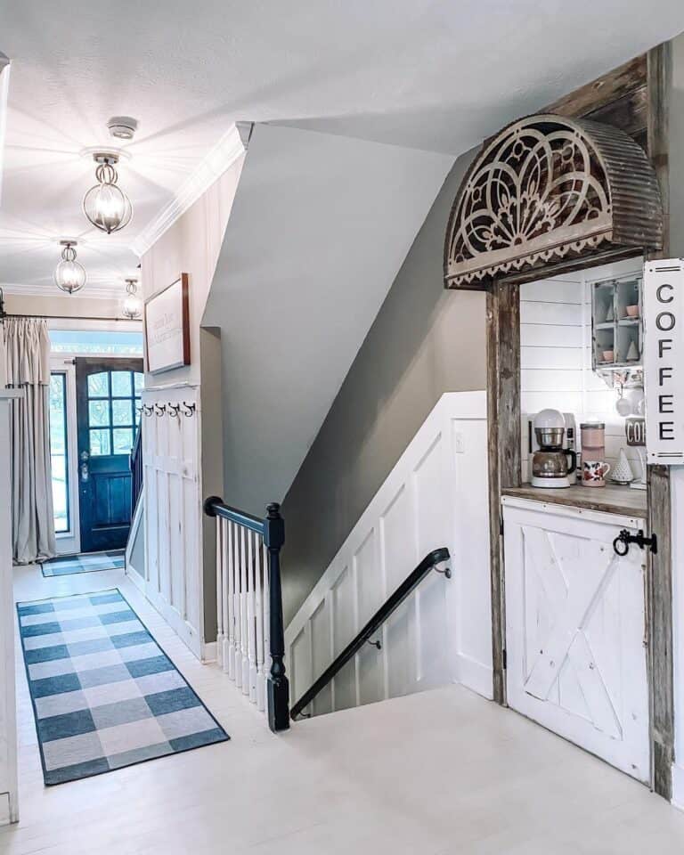 Stairs with White Board and Batten Wainscoting