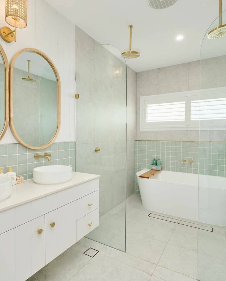 Floating Vanity and Gold Accents