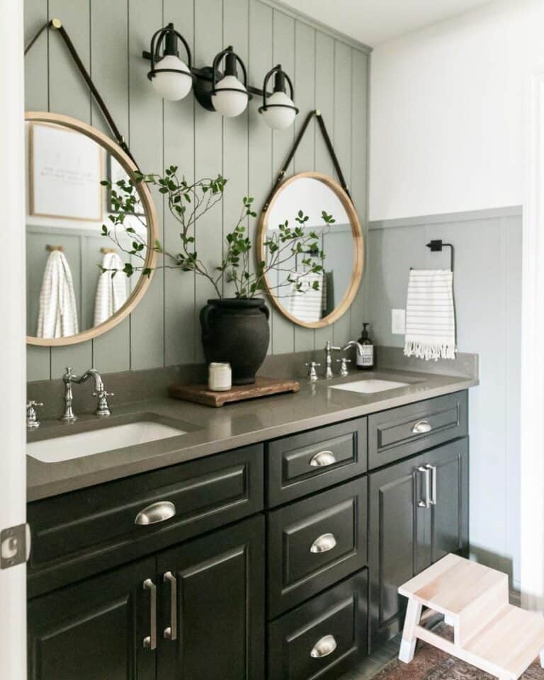 Modern Bathroom With Sage Gree Vertical Shiplap