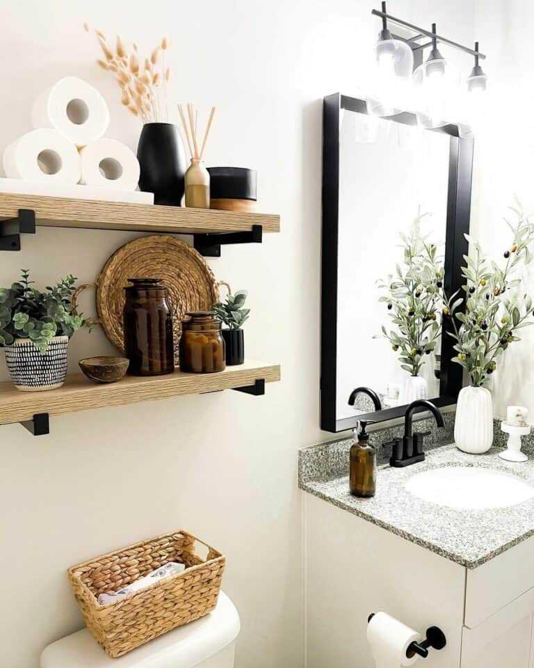 White Farmhouse Bathroom With Black Accents