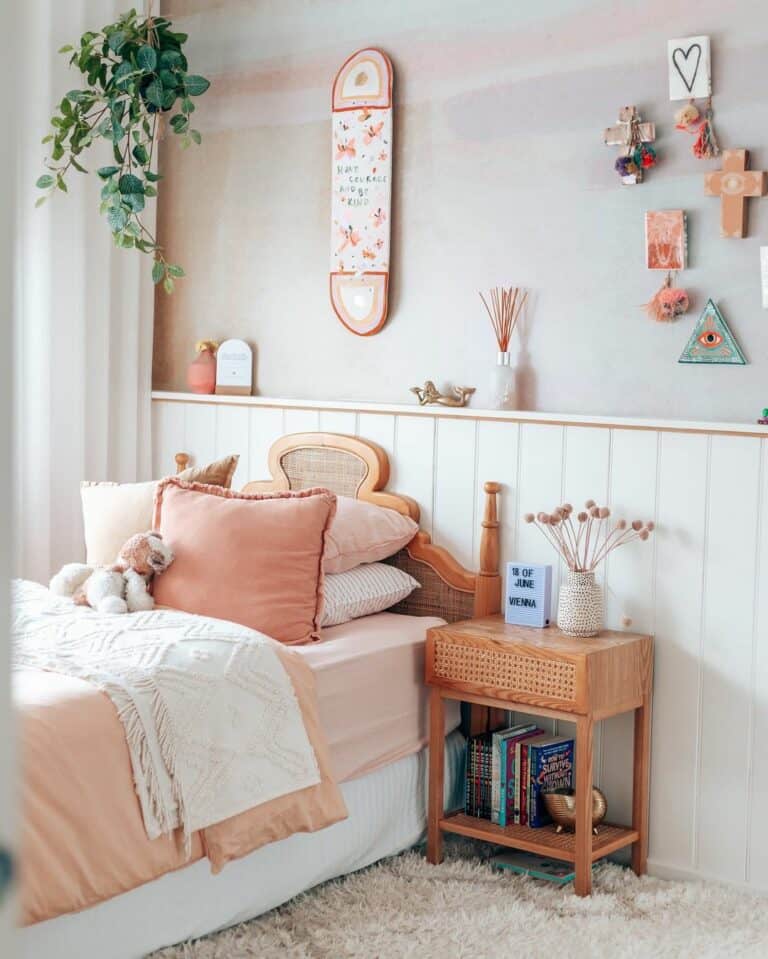 Modern Pink and White Bedroom With Wooden Furniture