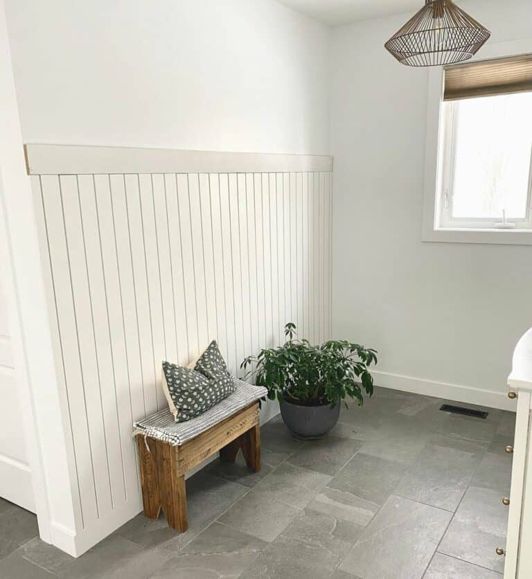 White Mudroom With Gray Stone Tiles