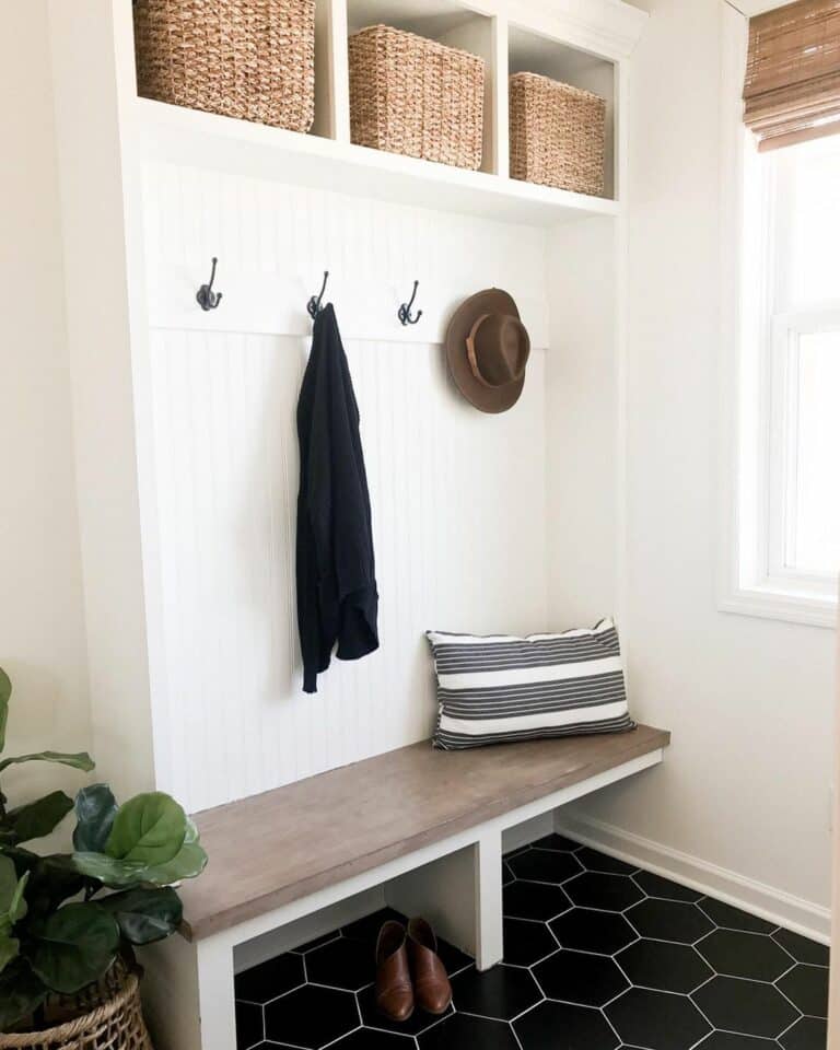 Farmhouse Mudroom With Black Hexagon Tiles
