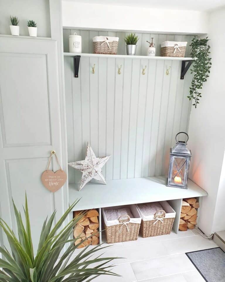 Pastel Green Mudroom With Plant Décor