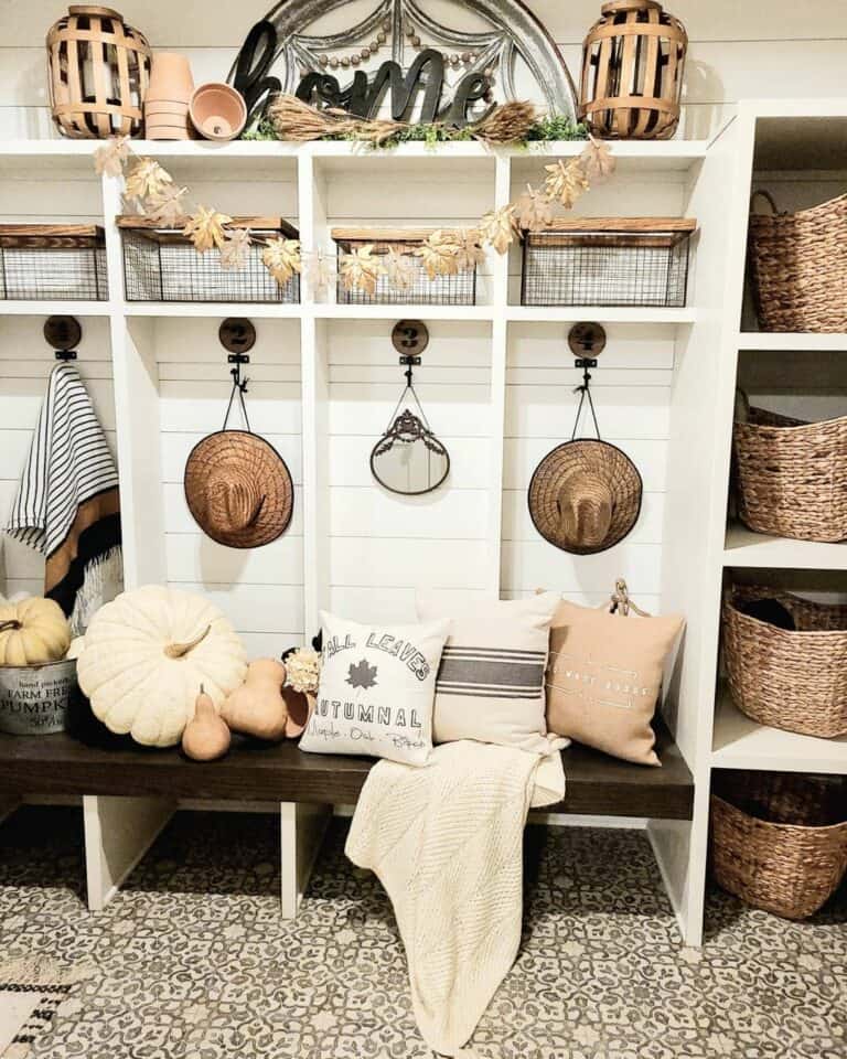 Farmhouse Mudroom With Patterned Floor Tiles