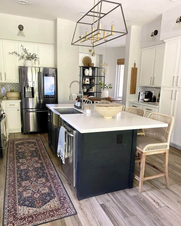 Farmhouse Chandelier Above Black Kitchen Island