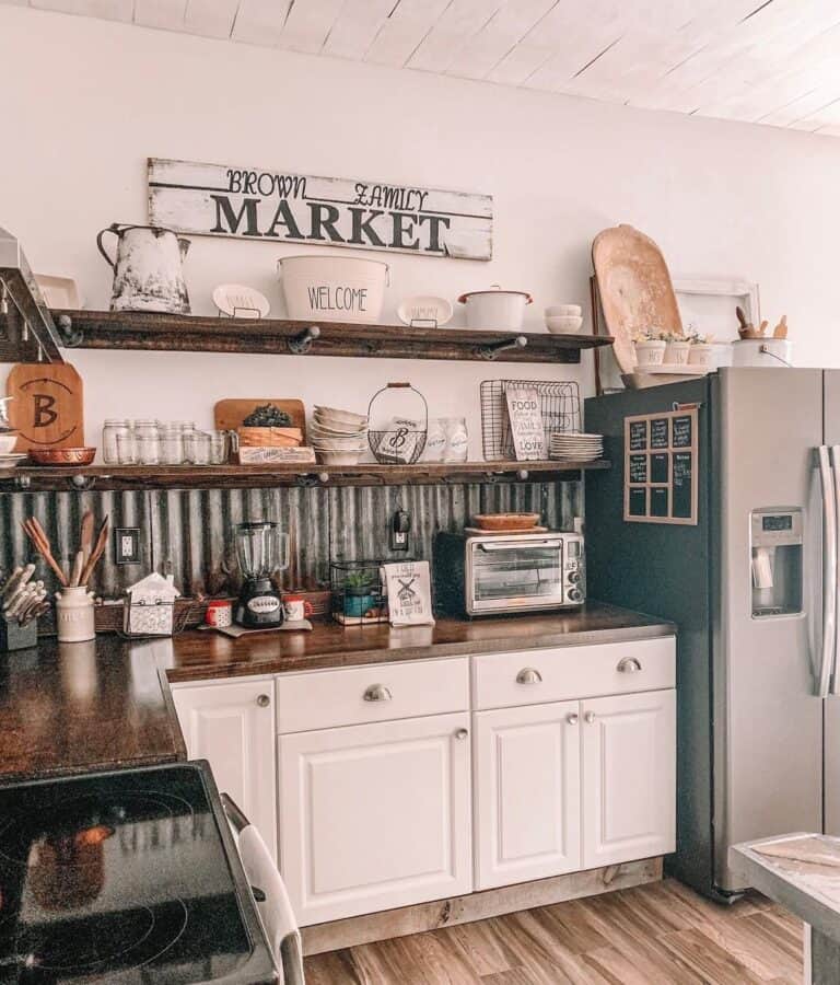 Wood Shelves and Galvanized Metal in Kitchen