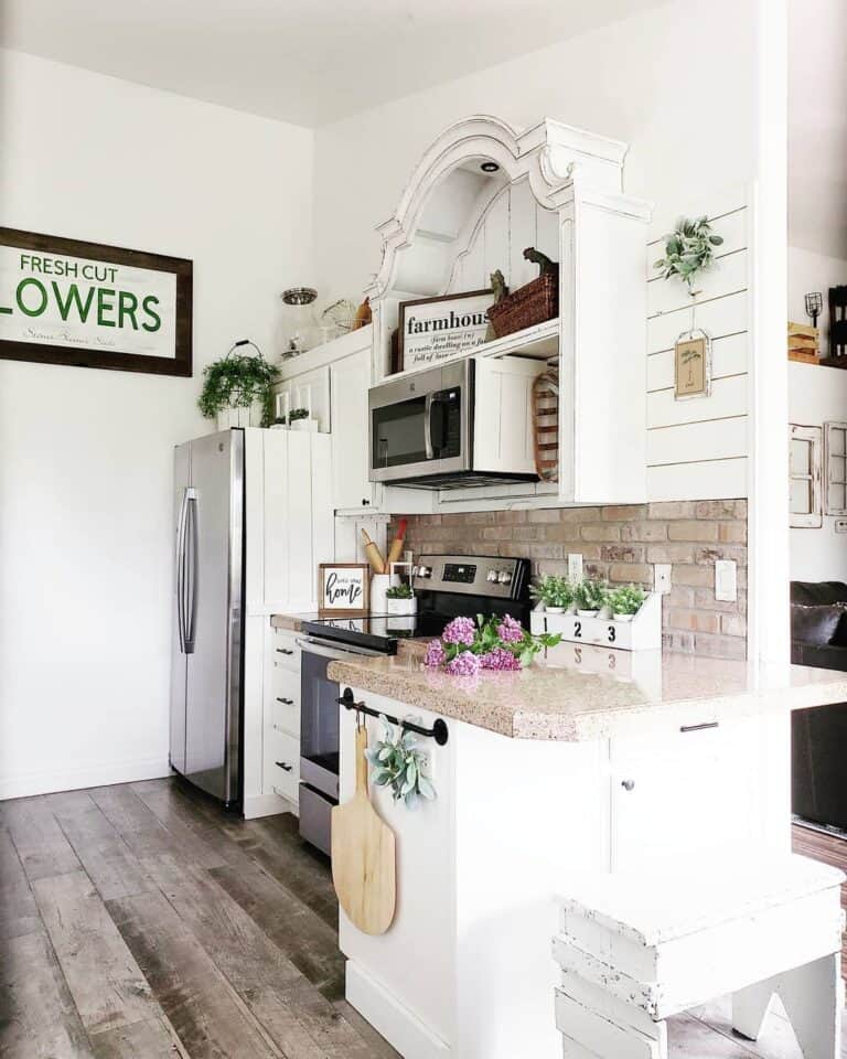 Brick Kitchen Backsplash and White Shiplap