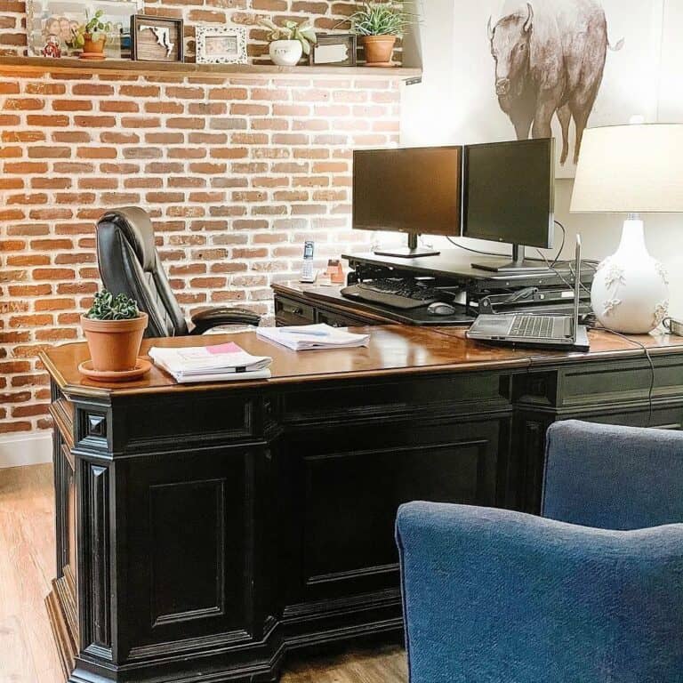 Red Brick Accent Wall in a Masculine Home Office