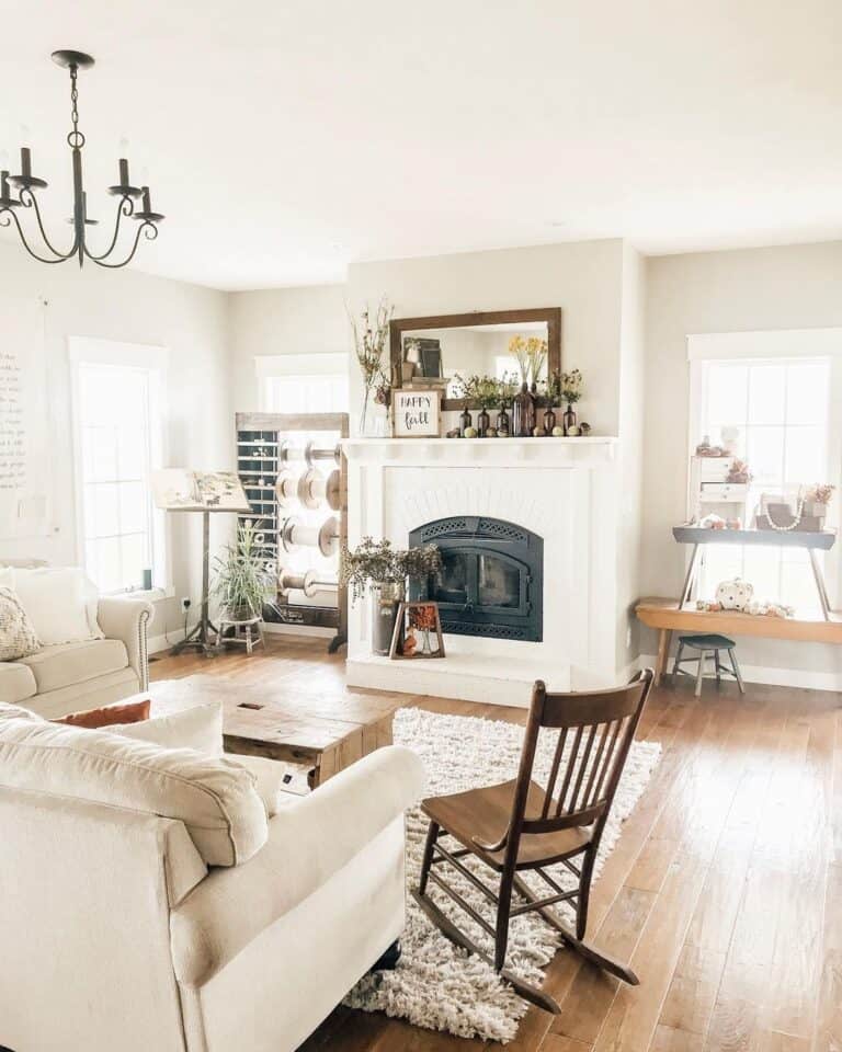 White Painted Brick Fireplace with White Trim