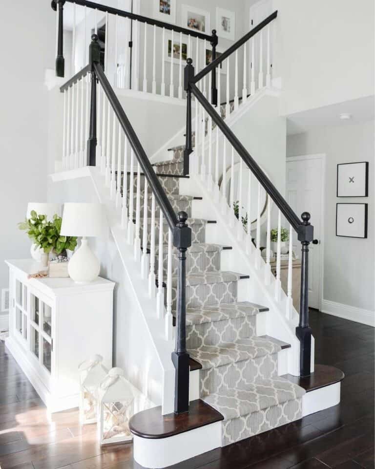 Gray Carpet Runner With a White Arabesque Pattern