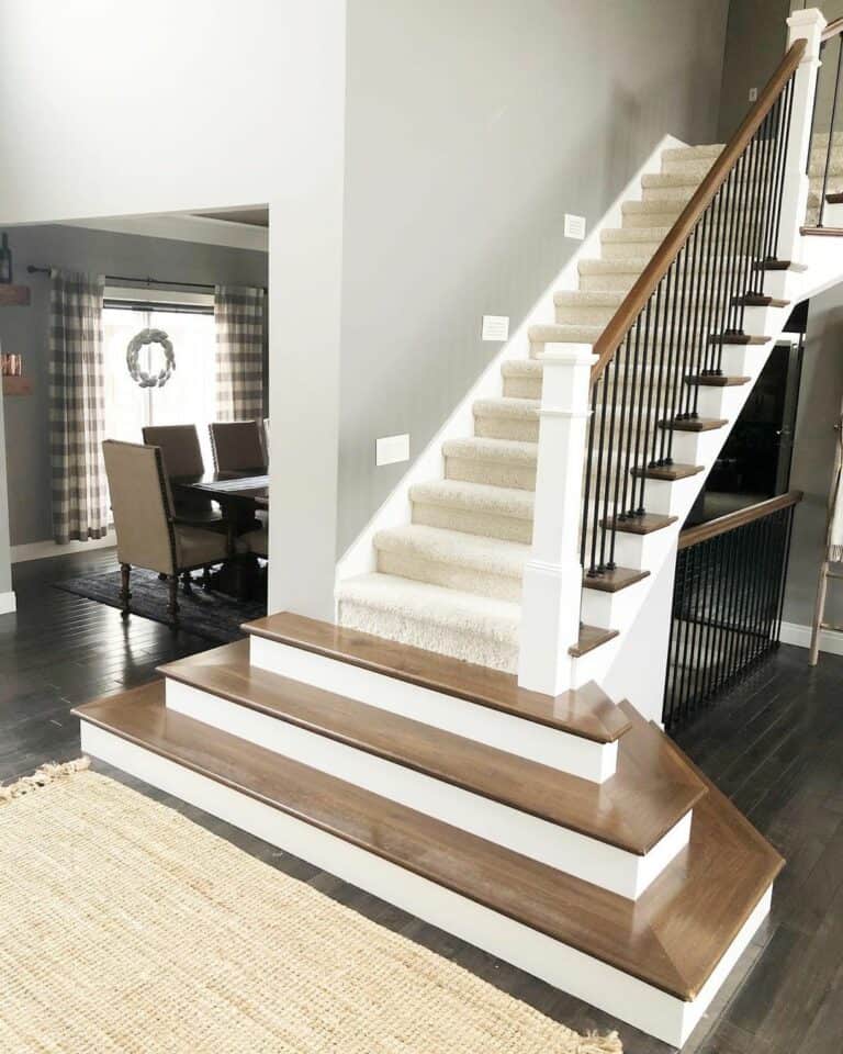 White Stair Runner on Dark Wood Treads