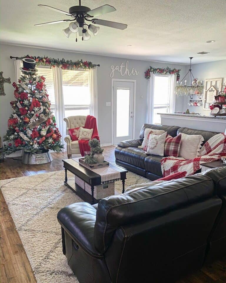 Living Room with Black Leather Sofas