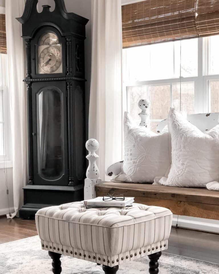 Living Room with Black Antique Grandfather Clock