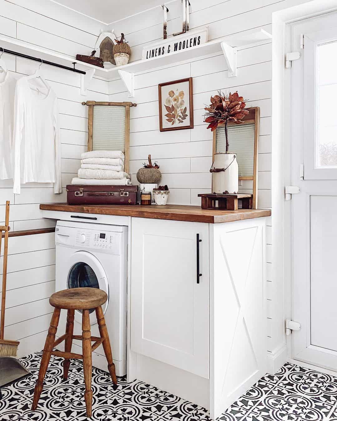 White Shiplap Laundry Room with Door