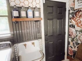 Black Laundry Room Door with White Trim