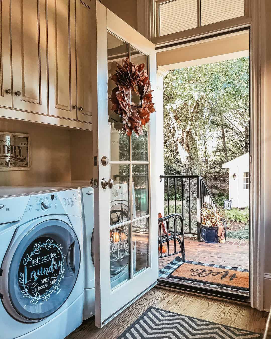 White Farmhouse French Door with Autumn Wreath