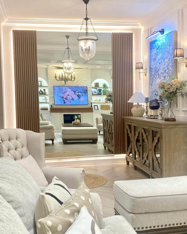 Large Wall Mirror Surrounded by Decorative Panels