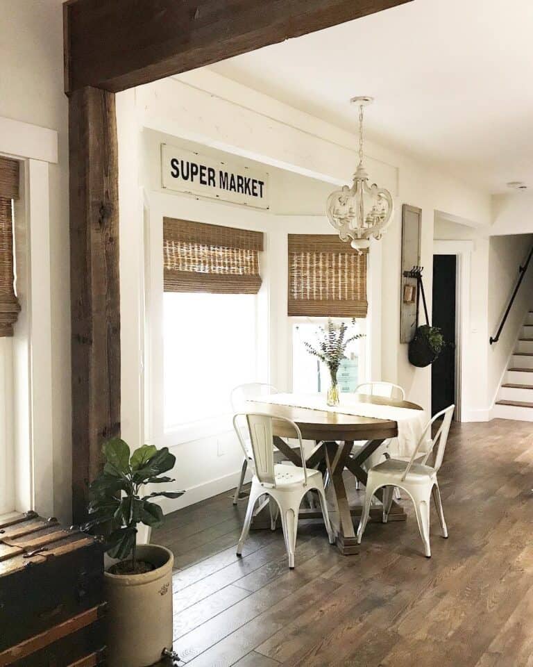 Dining Room with Tan Bamboo Roman Shades