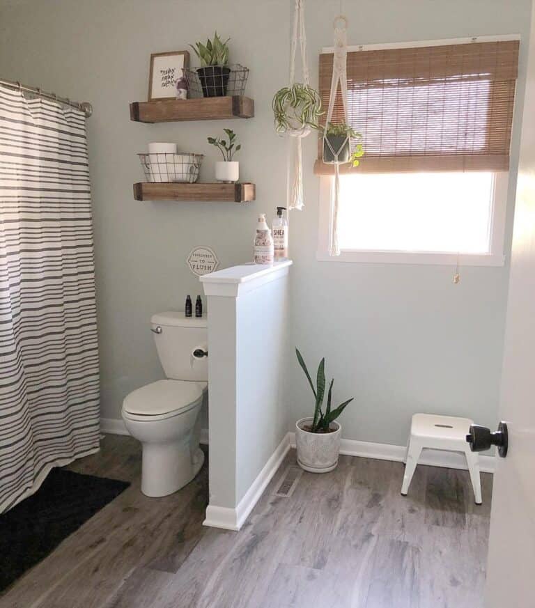 Bamboo Shade Window in Farmhouse Bathroom