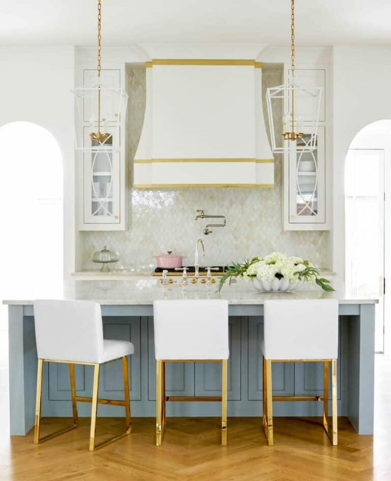 Light Gray Island and Gold Kitchen Hardware