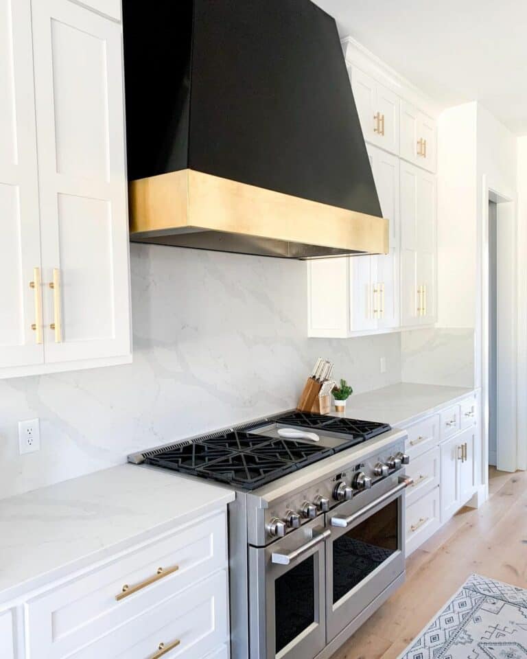 Marbled Backsplash Beneath Black Range Hood