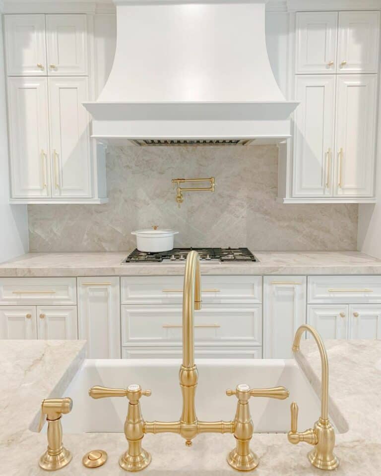 Quartz Backsplash and Countertops with White Cabinets