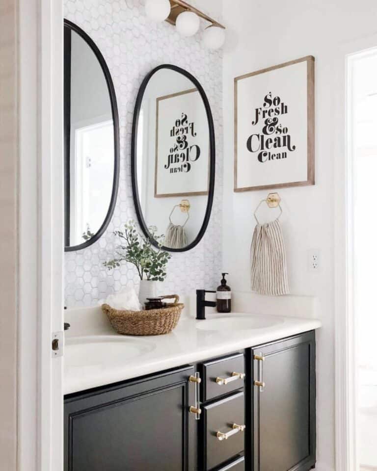 Hexagon Tile Accent Wall Showcases Oval Mirrors