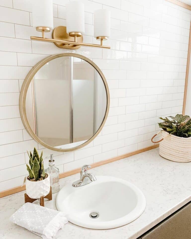 Wood Trim Around White Subway Tile