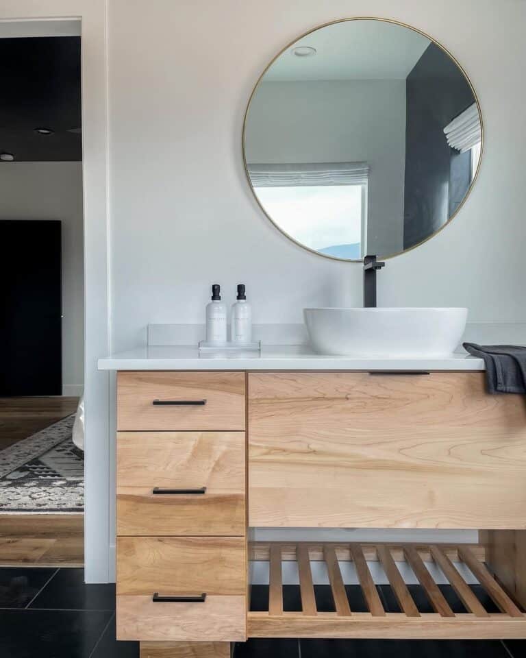 Bathroom Washstand with Brass Frame Round Mirror