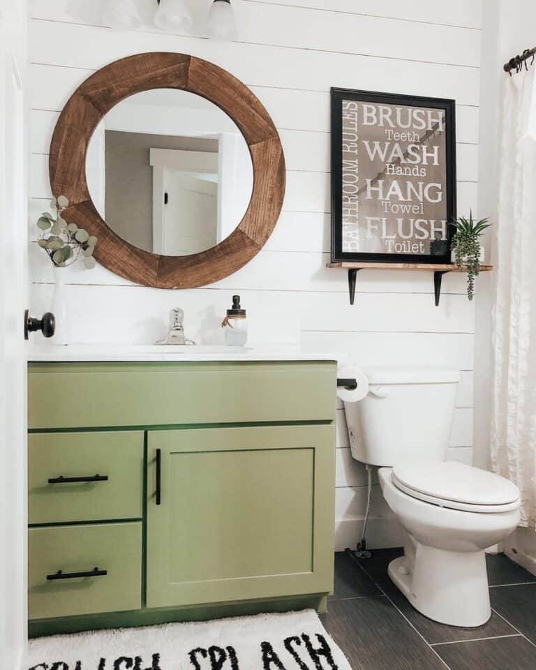 Round Stained Wood Frame Mirror